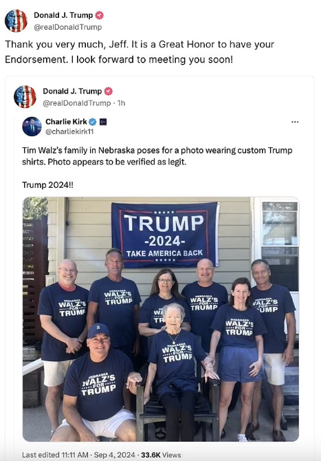 Tim Walz’s Distant Cousins Spotted Wearing ‘Nebraska Walz’s for Trump’ Shirts in Photo